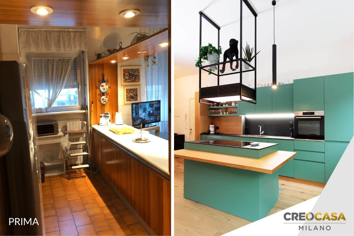 Prima e dopo della cucina ristrutturata da Creo Casa Milano, ristrutturazione chiavi in mano di una casa vecchia