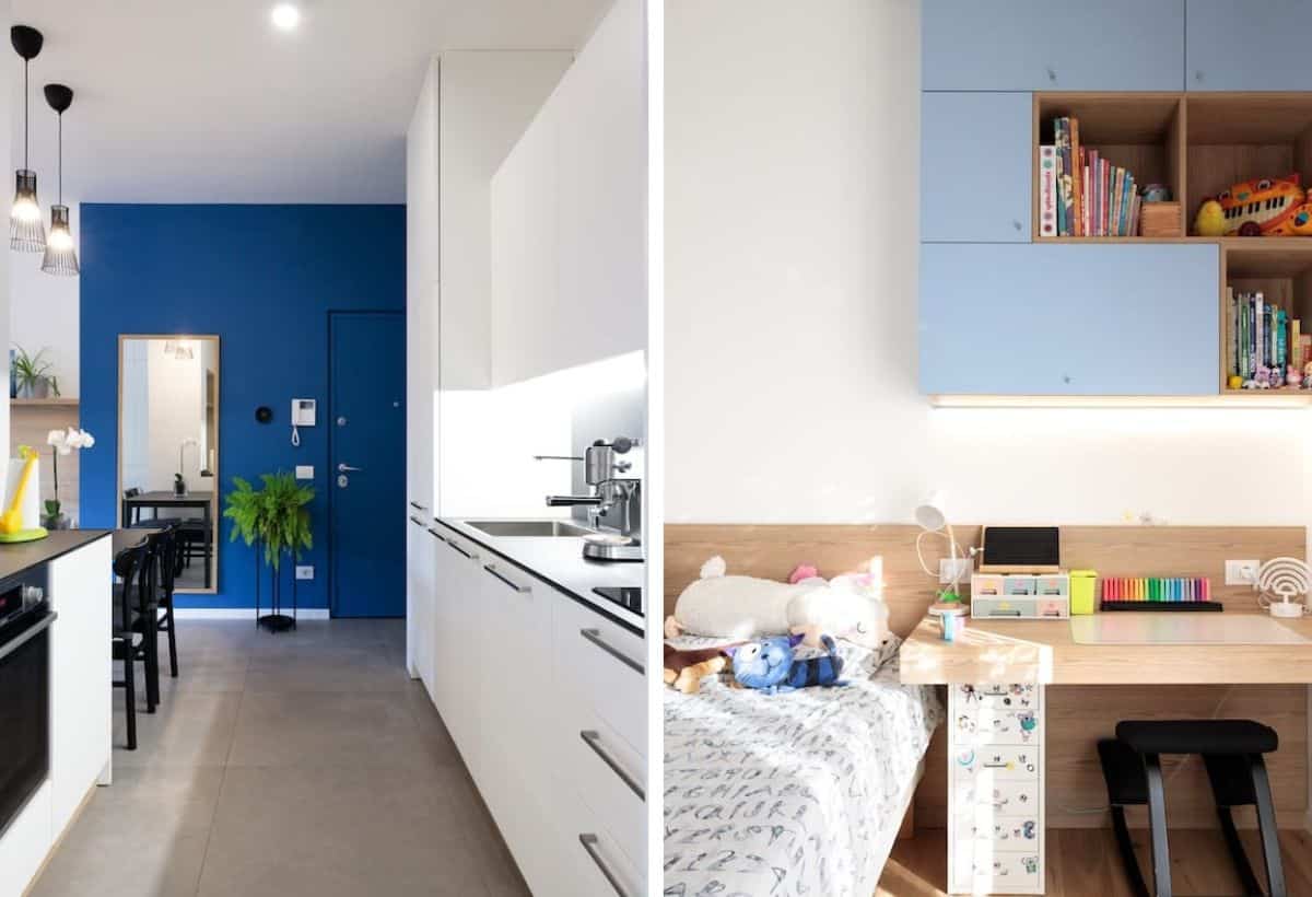 Cucina e cameretta realizzati da Creo Casa in una ristrutturazione a Milano con design moderni e colori vivaci