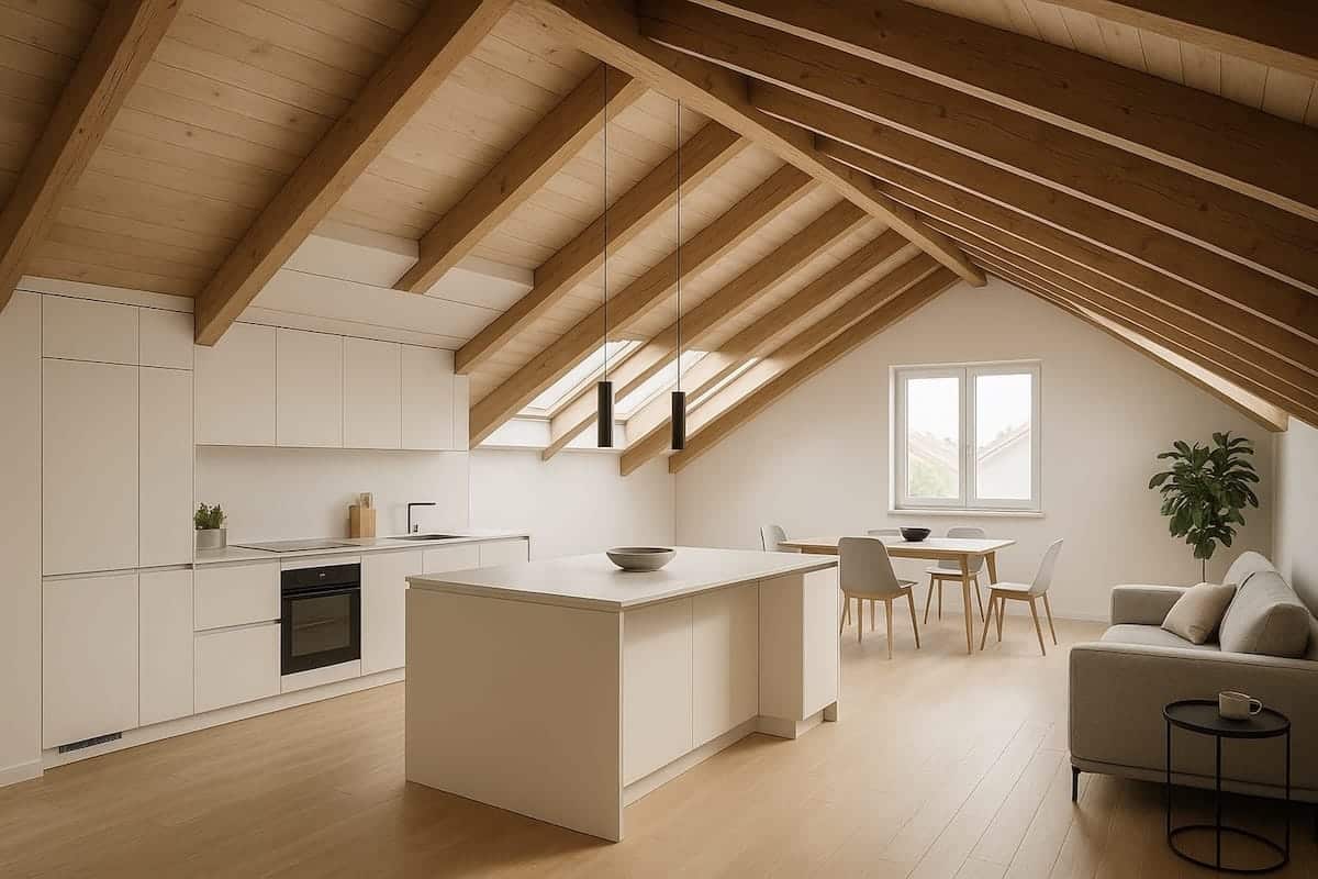 Attico moderno luminoso con cucina in mansarda a Milano